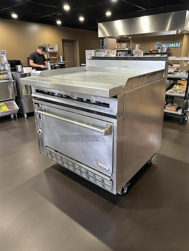 Jade JTRH-36G-36 gas range, 36" full griddle, manual controls, standard oven, 140,000 BTU, stainless steel, fully tested.