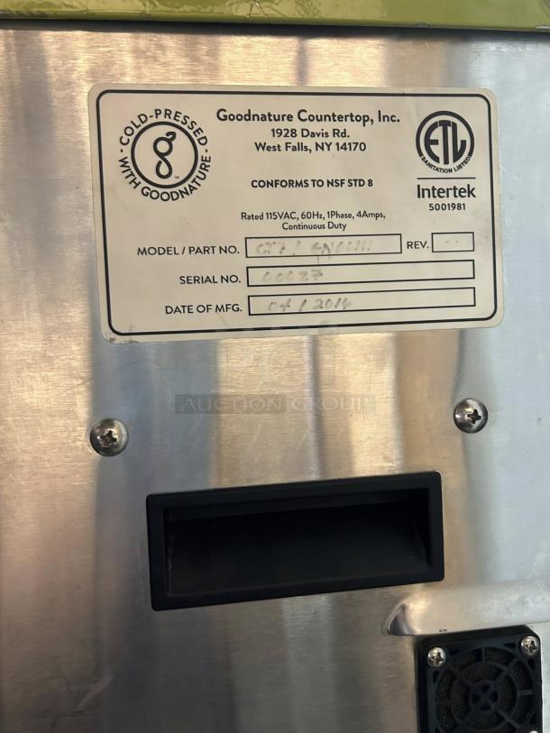 Goodnature CT7 Juicer, excellent condition, model GT7, label showing serial number and manufacturing details. Fully tested.