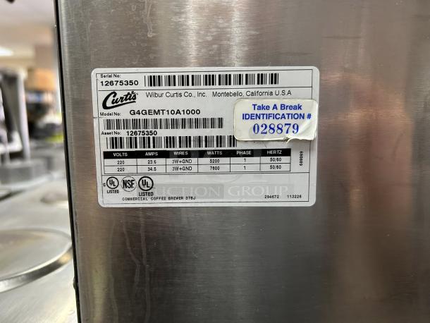 Curtis G4GEMT10A1000 Automatic Twin Satellite Coffee Brewer label, 1.5 gal capacity, 220v/1ph, serial number 12675350.