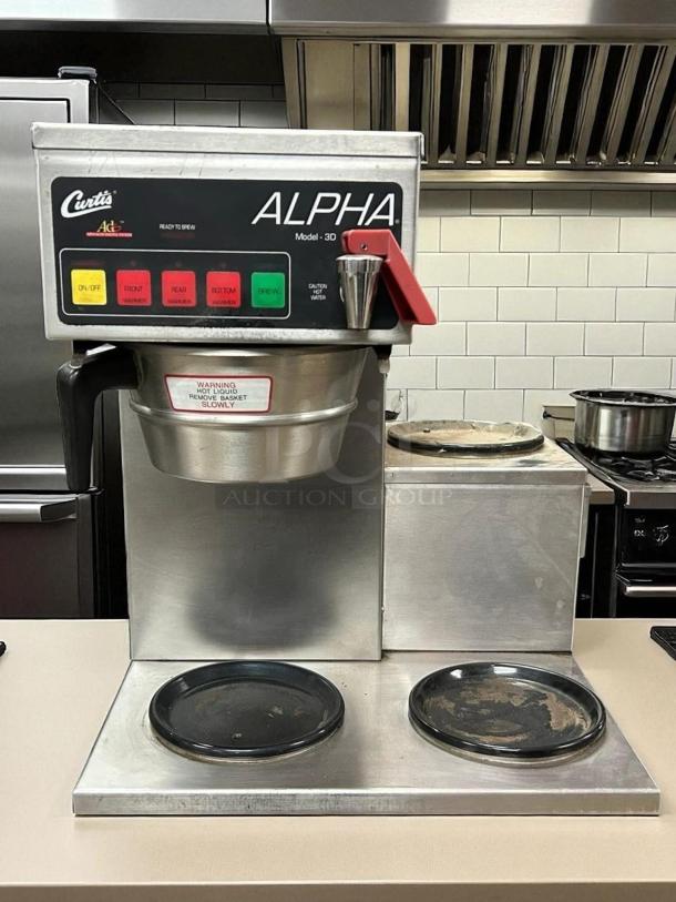 Curtis ALPHA 3DR-10 coffee brewer with 3 warmers, 12-cup capacity, excellent condition, fully tested, model info visible.