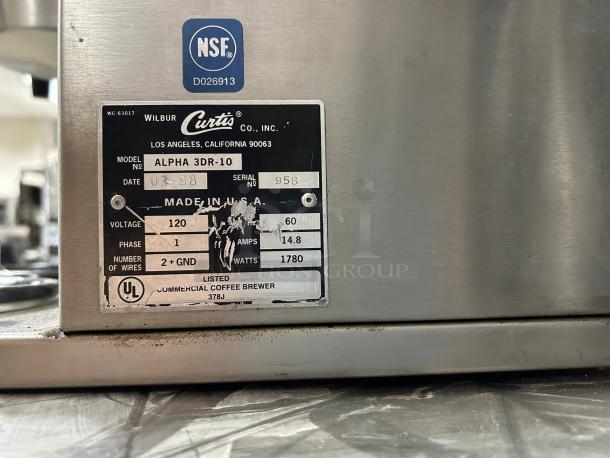 Curtis ALPHA 3DR-10 12 Cup Coffee Brewer with 3 lower warmers, model label showing specs; NSF certified, 120V, 1780W.