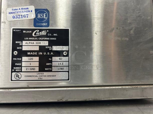 Curtis ALP 3DR coffee brewer label, shows model, serial number, voltage, and UL listing. Made in USA.