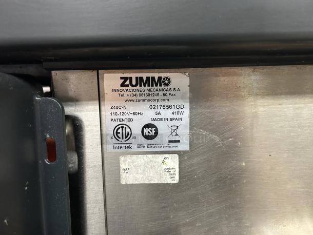 Zummo Z40-N Nature Juicer label showing model, 110-120V, 410W, NSF certified, made in Spain, fully working condition.