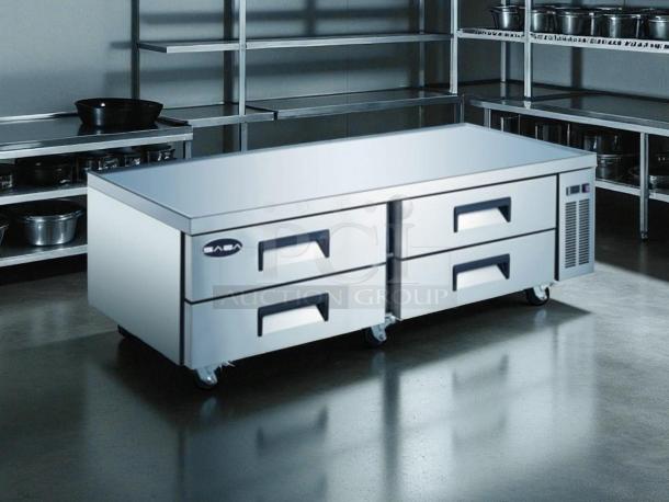 SABA SCB-72 Chef Base Drawer Refrigerator, 72.38" W, stainless steel, 4 drawers, in excellent condition, fully tested, 115V.