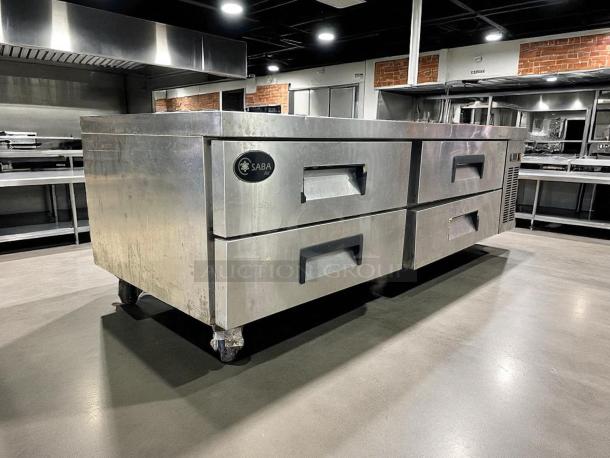 SABA SCB-72 stainless steel chef base refrigerator with four drawers, 72.38" wide, fully tested, excellent condition.