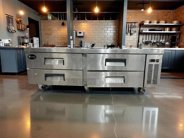 SABA SCB-72 stainless steel 4-drawer chef base refrigerator, 72.38"W, tested and working, in excellent condition.