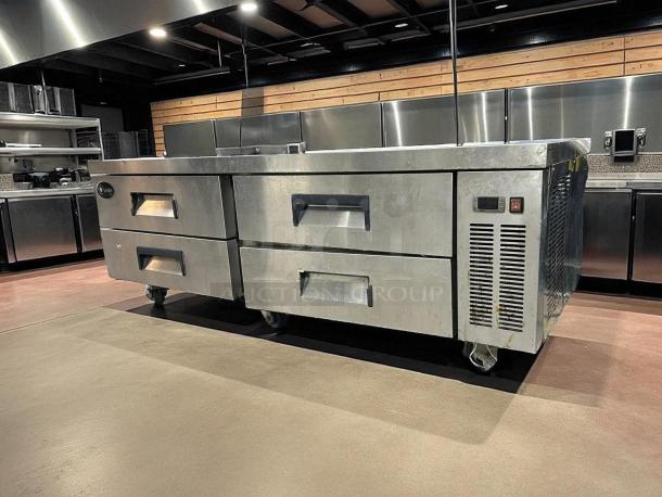 SABA SCB-72 stainless steel chef base refrigerator with four drawers, fully tested, in awesome condition, 72.38" width.