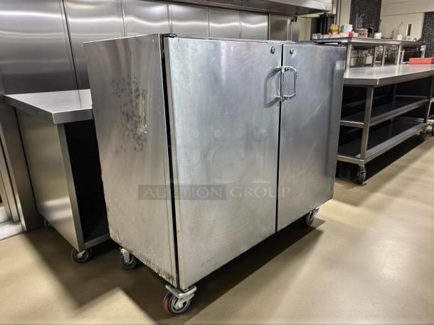 Infinity IBCRR-2D-SSD back bar cooler, 37” high, stainless steel, double doors, on casters, in great condition.