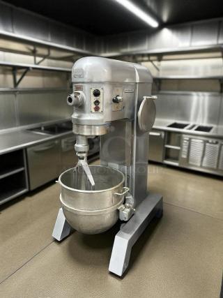 HOBART H-600T 60 Qt Commercial Mixer, single phase 230V, great condition, fully tested, stainless steel bowl, control panel visible.