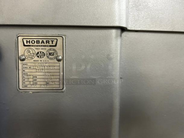 HOBART H-600T commercial mixer nameplate showing model, serial number, and specifications; tested and in great condition.