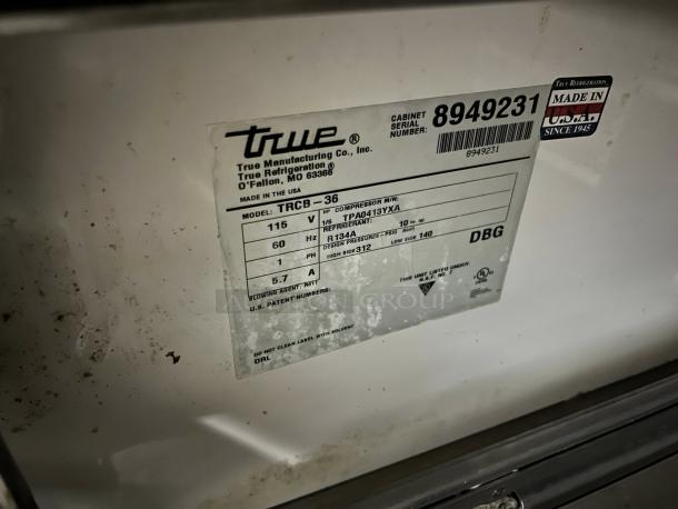 True TRCB-36-HC Chef Base Cooler label showing model, power specs, and "Made in USA" marking. Great condition.