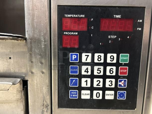 Hobart HR7P electric rotisserie oven controls, showing temperature, time, and program settings. In excellent condition.