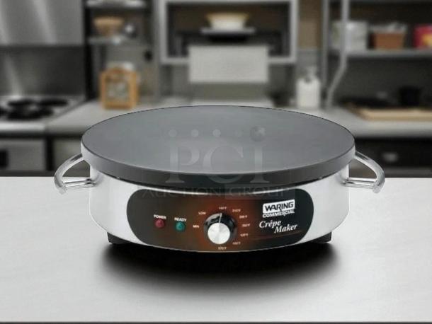 Waring WSC160X 16" crepe maker, 1800W, heat-resistant handle, fully tested, excellent condition, control panel visible.