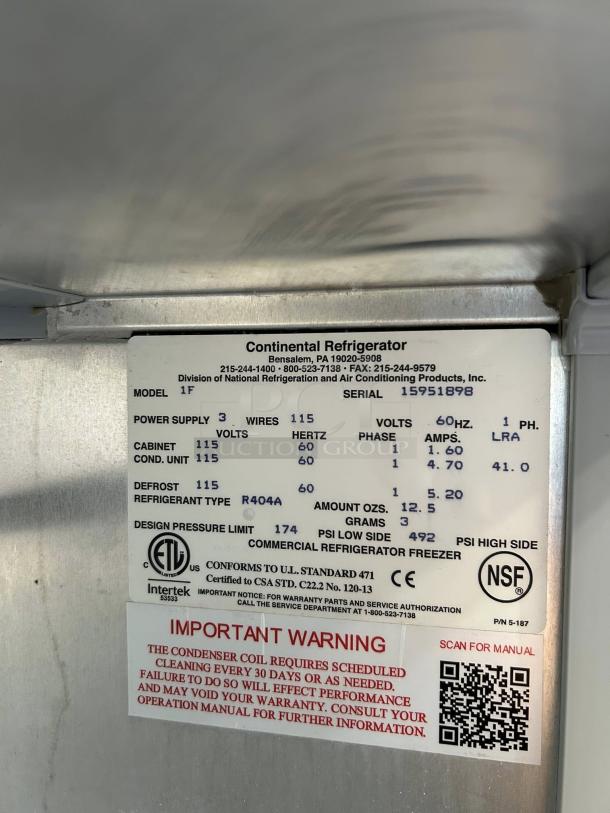 Continental 1FN 26" reach-in freezer label, showing model, serial number, and electrical specifications. NSF certified.