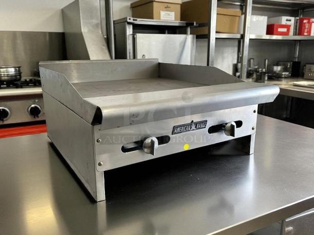 American Range AEMG-24 24" countertop gas griddle in perfect condition, featuring manual controls, tested and fully working.