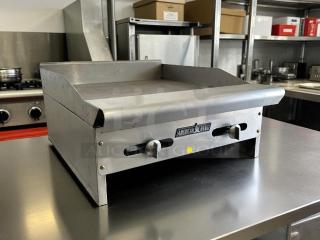 American Range AEMG-24 24" countertop gas griddle in perfect condition, featuring manual controls, tested and fully working.