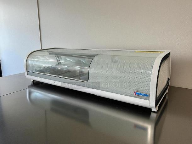OMCAN RS-CN-0042-S sushi showcase with 42L capacity, silver finish. Fully tested, 46-inch length, glass front.