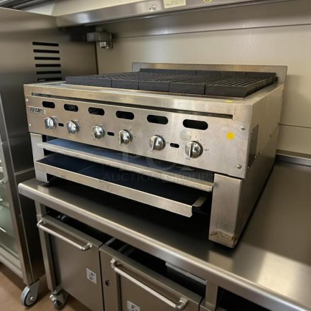 Vulcan VACB36 36"W radiant gas charbroiler in excellent condition, fully tested, 108 kBTU, stainless steel knobs.