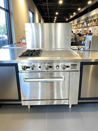 Atosa 36" gas range, model AGR-2B24GR, with two open burners, 24" griddle, fully tested, stainless steel finish.