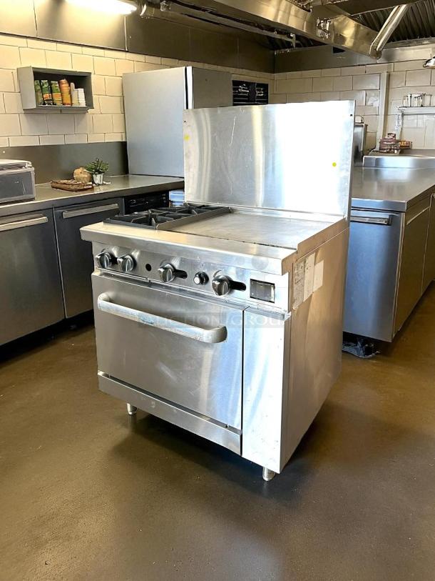 Atosa AGR-2B24GR 36" gas range with 2 burners, 24" griddle, stainless steel, excellent condition, fully tested.