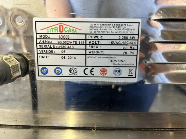 Citrocasa 8000 XB Advance Citrus Juicer label, model 8000SB, 115V, 0.280 kW, 70 kg, manufactured 06/2014, NSF certified.