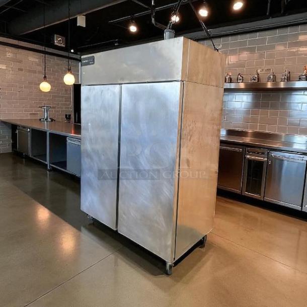 Delfield GBR2P-S 55-inch two-section refrigerator, excellent condition, 46 cu ft capacity, stainless steel, fully tested.