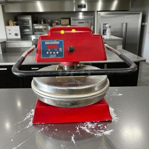 Proluxe DP1100 Dough Press, 18", excellent condition, 115v, red with dough residue, control panel visible, fully tested.