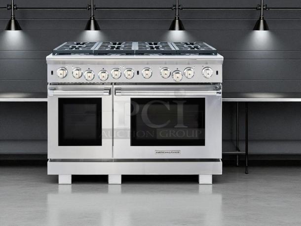 Brand new American Range ARR-488DF-N 48" dual fuel range with 8 sealed burners, stainless steel finish, dual ovens.