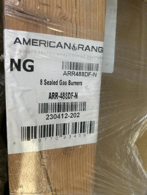 American Range ARR-488DF-N label showing 8 sealed gas burners, model ARR-488DF-N, barcode, and quality cooking equipment branding.