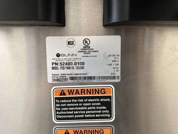 Bunn ITCB Twin HV tea/coffee brewer label and warnings; 120/240V, serial number 1HU0022397. Fully tested and working.