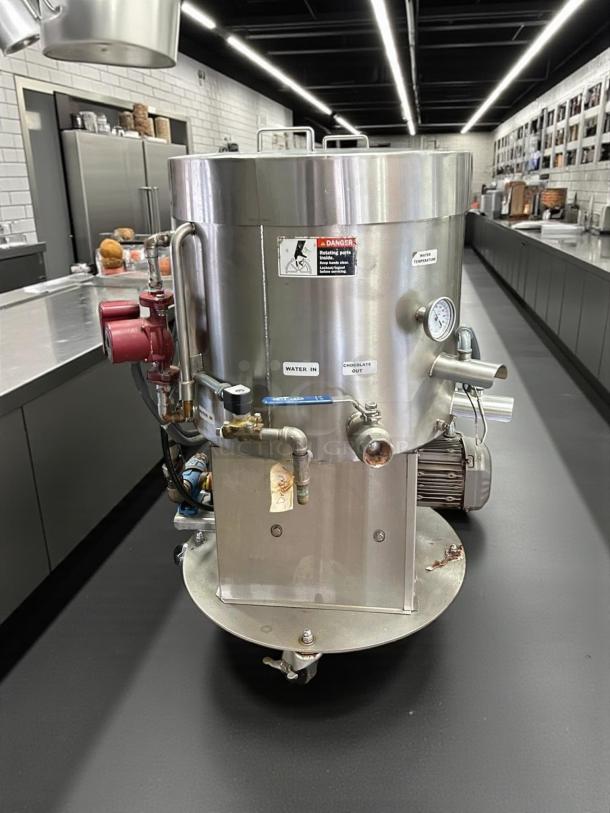 Savage Bros. Model #125 chocolate melter and conditioner, 300 lb capacity, metal build, tested and working, with labeled controls.