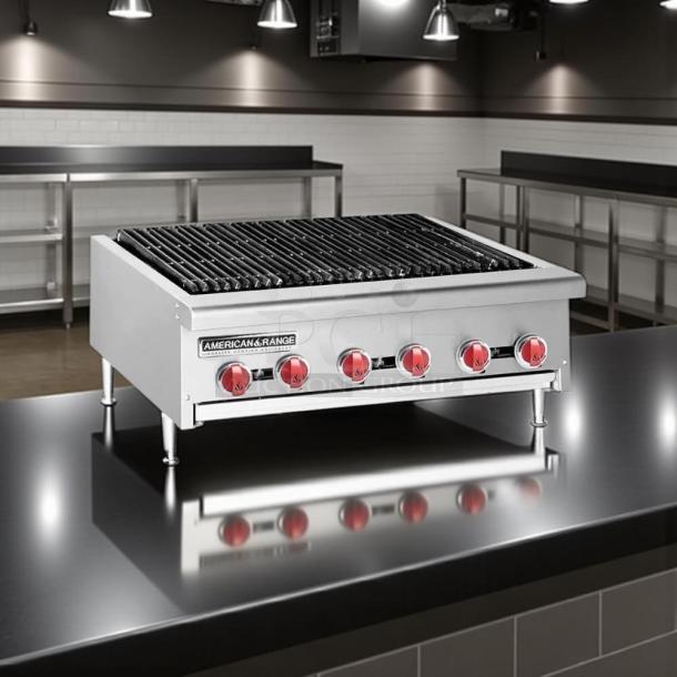 BRAND NEW American Range AERB-36, 36” Economy Radiant Broiler, LP gas, stainless steel, red knobs, on counter.