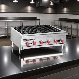 BRAND NEW American Range AERB-36, 36” Economy Radiant Broiler, LP gas, stainless steel, red knobs, on counter.