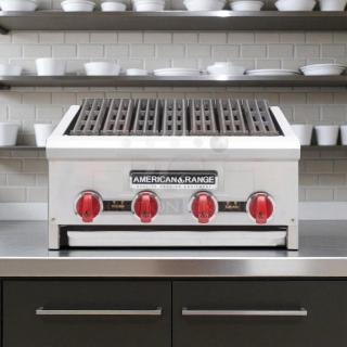 Brand new American Range AERB-30 30" gas charbroiler with 5 burners, radiant heat, and manual controls.