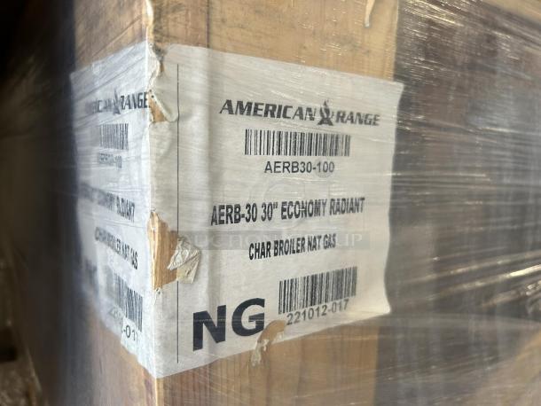 Brand new American Range AERB-30 30" gas charbroiler, 5 burners, radiant heat, manual controls, labeled packaging.