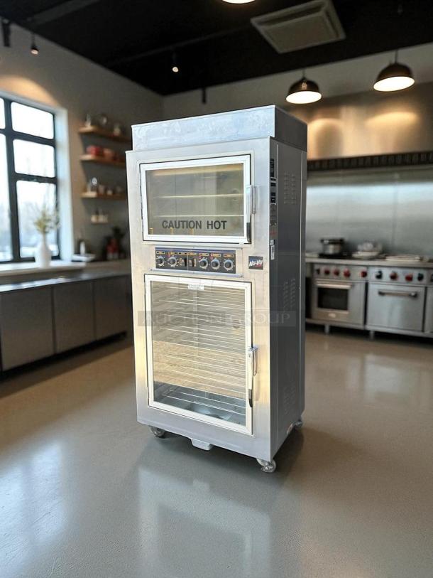 NuVU SUB-123P double deck electric oven proofer combo in excellent condition, 120/240V, 3 phase, with clear "Caution Hot" signage.