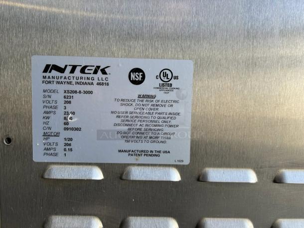 Intek stainless steel tabletop steamer label showing model XS-208-8-3, 208V, 3-phase, 8 kW, fully tested and working.