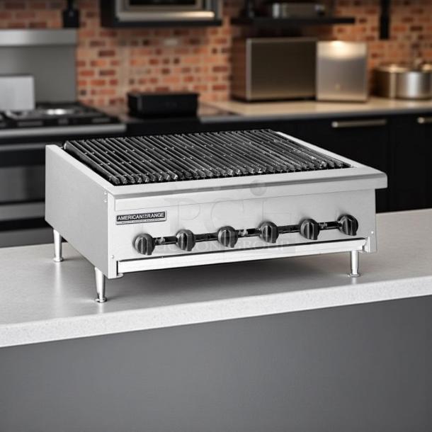 Brand new American Range AERB-36 charbroiler, 36" radiant type, full-width grease pan, natural gas, pristine condition.