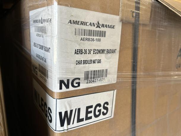 Brand new American Range AERB-36 36" counter charbroiler in box. Labels indicate natural gas, radiant type, model details.