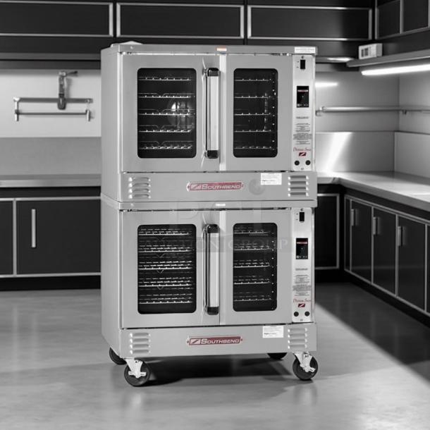Southbend KLGS/27SC double gas convection oven, 53,000 BTU, excellent condition, fully tested, stainless steel, caster wheels.