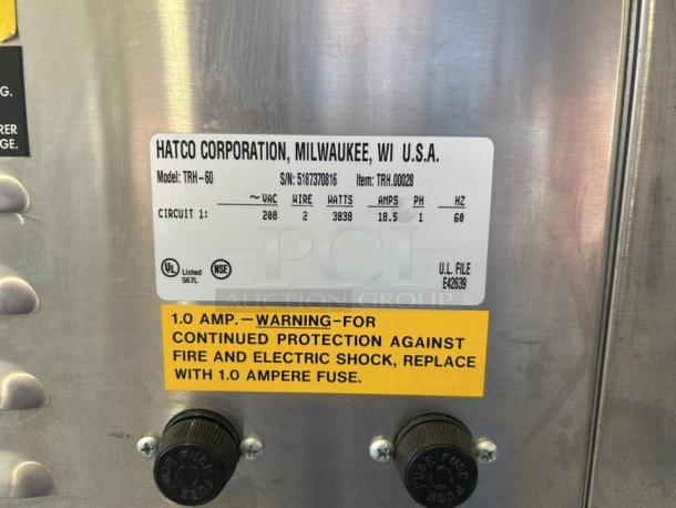 Hatco TRH-60 conveyor toaster label, model info, 208V, 3838 watts, 300 slices/hour, excellent condition, fully tested.