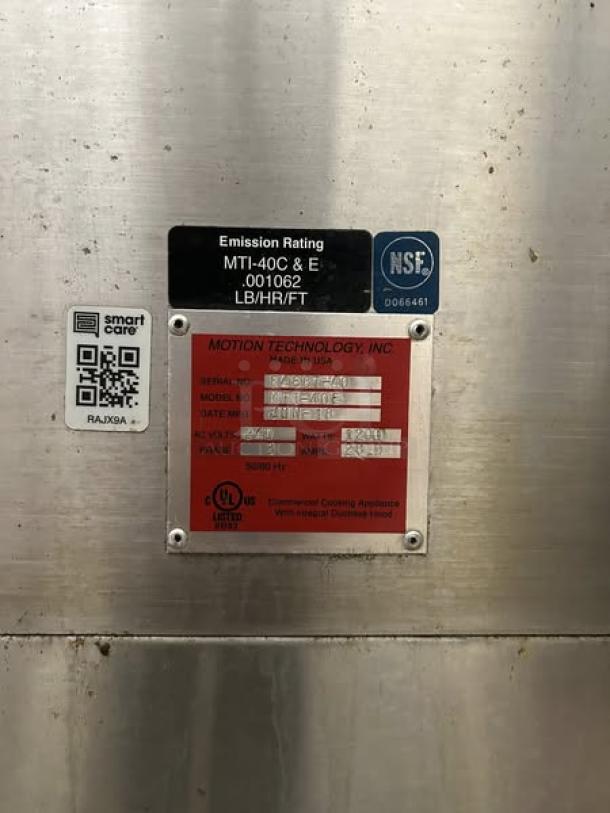AutoFry MTI-40E ventless fryer label, showing model, serial number, and certifications in excellent condition.