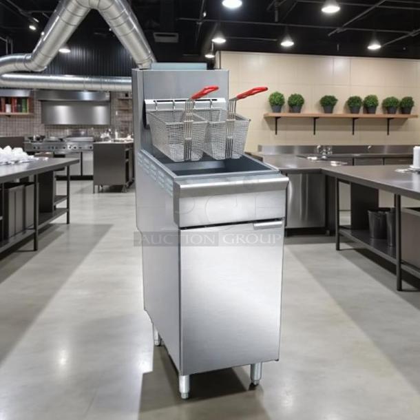 Black Diamond BDGF-ES35/NG gas fryer, 35 lb vat, floor model, stainless steel, new condition, natural gas, tested and working.