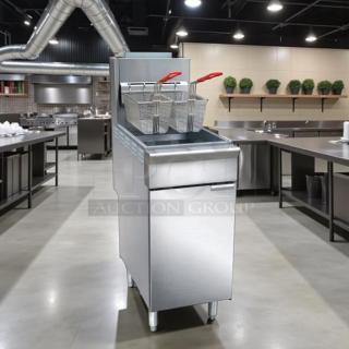 Black Diamond BDGF-ES35/NG gas fryer, 35 lb vat, floor model, stainless steel, new condition, natural gas, tested and working.