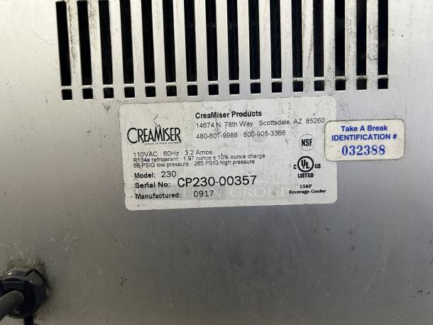 CreaMiser 230 STōK Cold Brew Coffee Dispenser label; shows model, serial number, 110VAC, 60Hz, UL listed, NSF certified.
