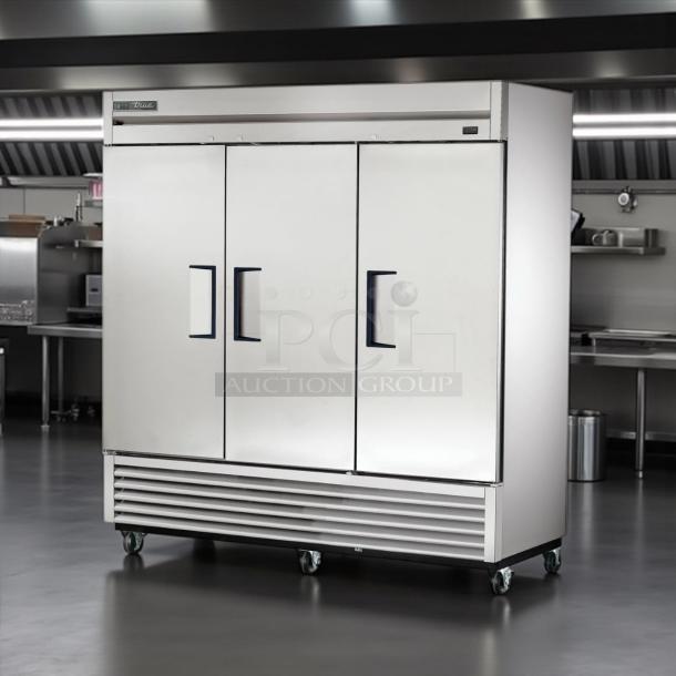 True T-72-HC 3-section reach-in refrigerator. Solid doors, stainless steel, fully tested, on casters, excellent condition.