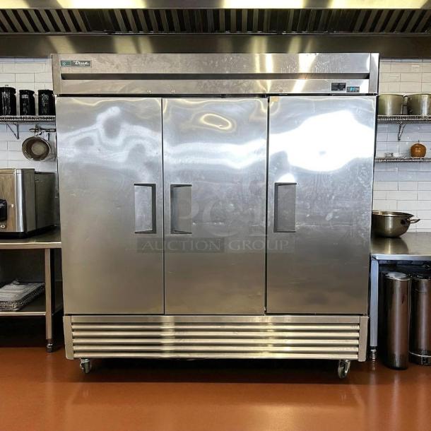 True T-72-HC solid door reach-in refrigerator, 3-section, stainless steel, fully tested, excellent condition.