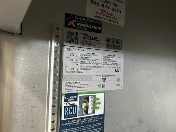 True T-72-HC 3-section refrigerator, solid doors, tags show model and refrigerant info, fully tested and working.