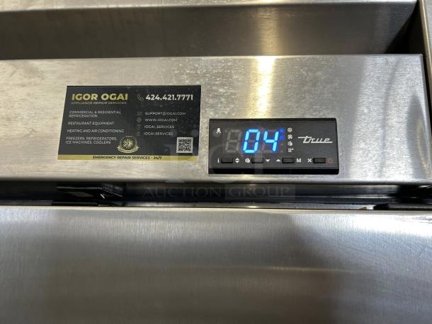 True T-72-HC 3 section refrigerator, digital display showing "04", label for appliance repair services, good condition.