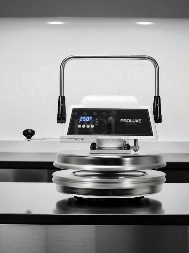 Proluxe DP2010M 22" pizza dough press, excellent condition, with mold inserts, digital controls, and countertop setup.
